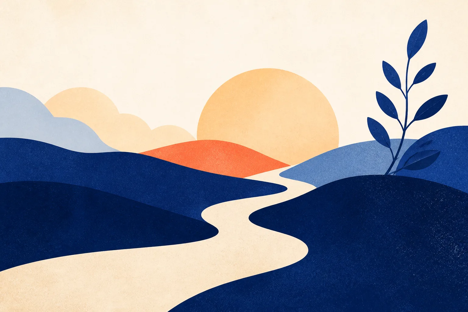 An illustrated winding path moving through calm blue hills towards warm light