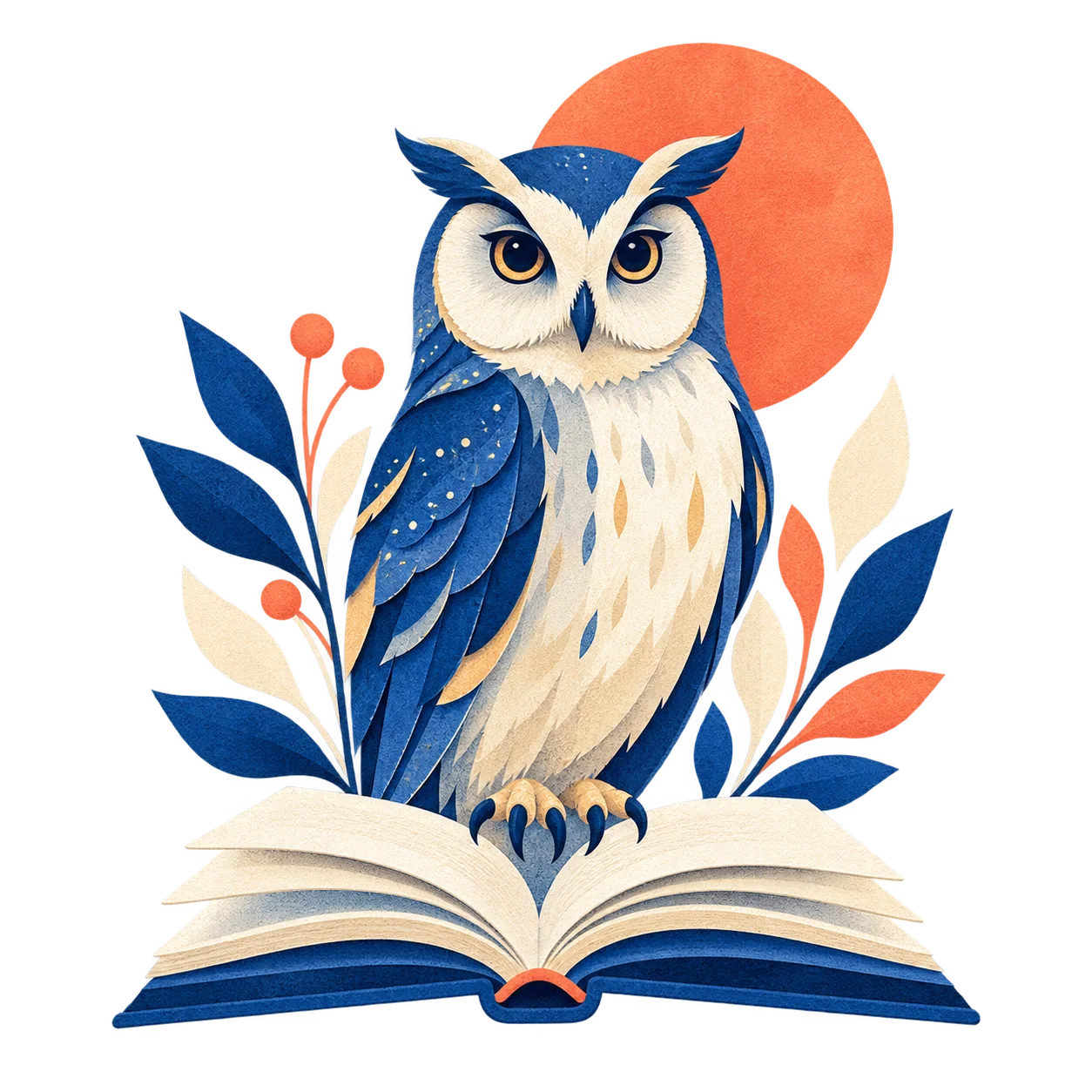 An owl perched above an open book